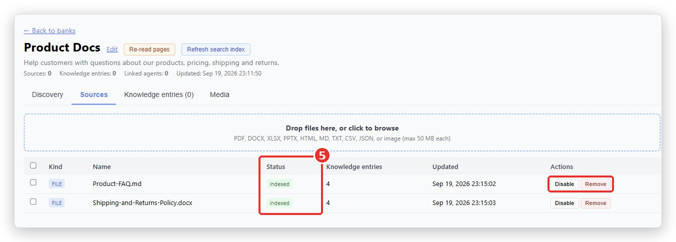 Sources tab with two uploaded files, both indexed; the Status column (5) and the Disable and Remove buttons are marked