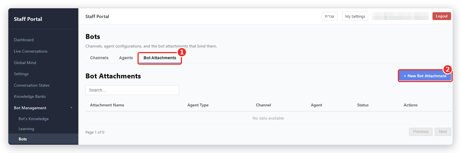 Bots page, Bot Attachments tab (1), with the + New Bot Attachment button (2) marked