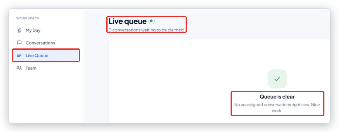 Live queue page while empty: the Live Queue menu item, the title with the waiting count, and the Queue is clear message marked