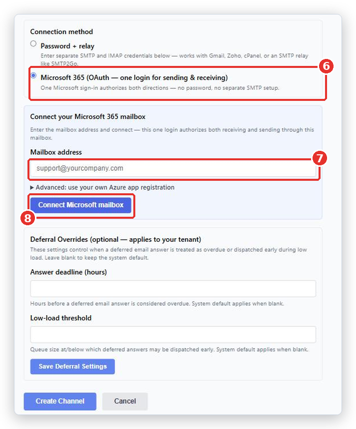 Connection method set to Microsoft 365 (6), the Mailbox address field (7) and the Connect Microsoft mailbox button (8) marked