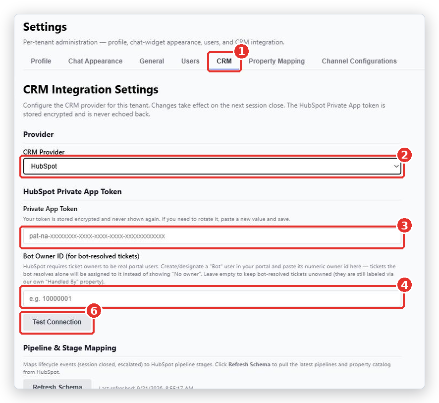 Settings, CRM tab (1): CRM Provider set to HubSpot (2), the Private App Token field (3), Bot Owner ID (4) and the Test Connection button (6) marked