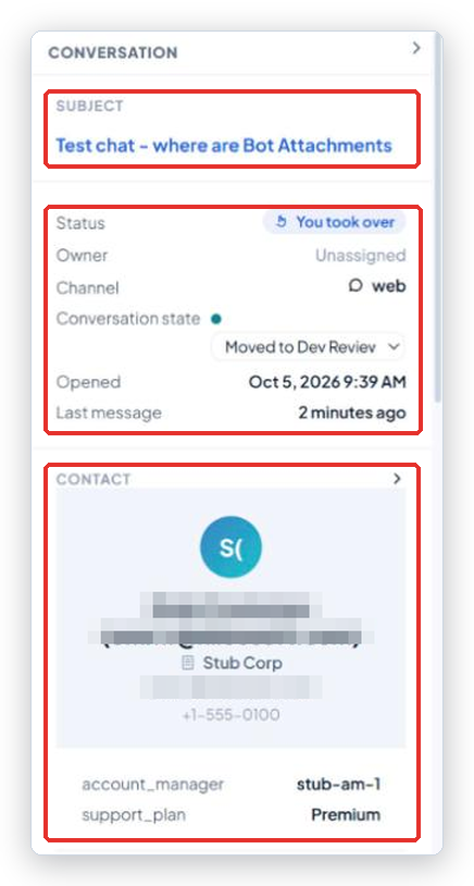 The Conversation panel on the right with Subject, the details rows, the Conversation state dropdown and the Contact section marked