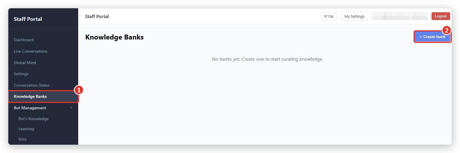 Knowledge Banks page with the Knowledge Banks menu entry (1) and the + Create bank button (2) marked