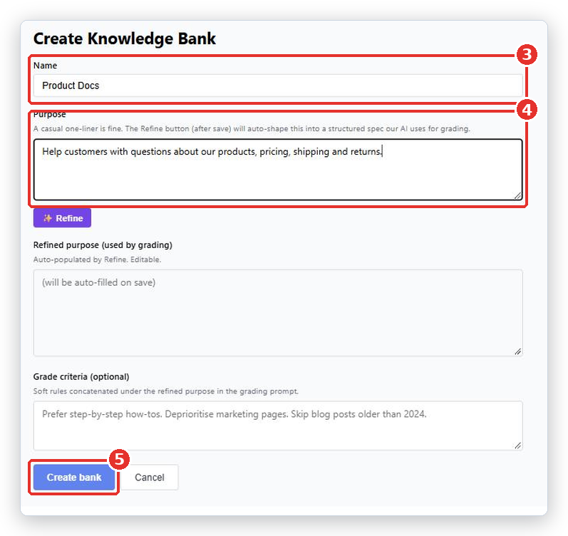 Create Knowledge Bank form with Name (3), Purpose (4) and the Create bank button (5) marked