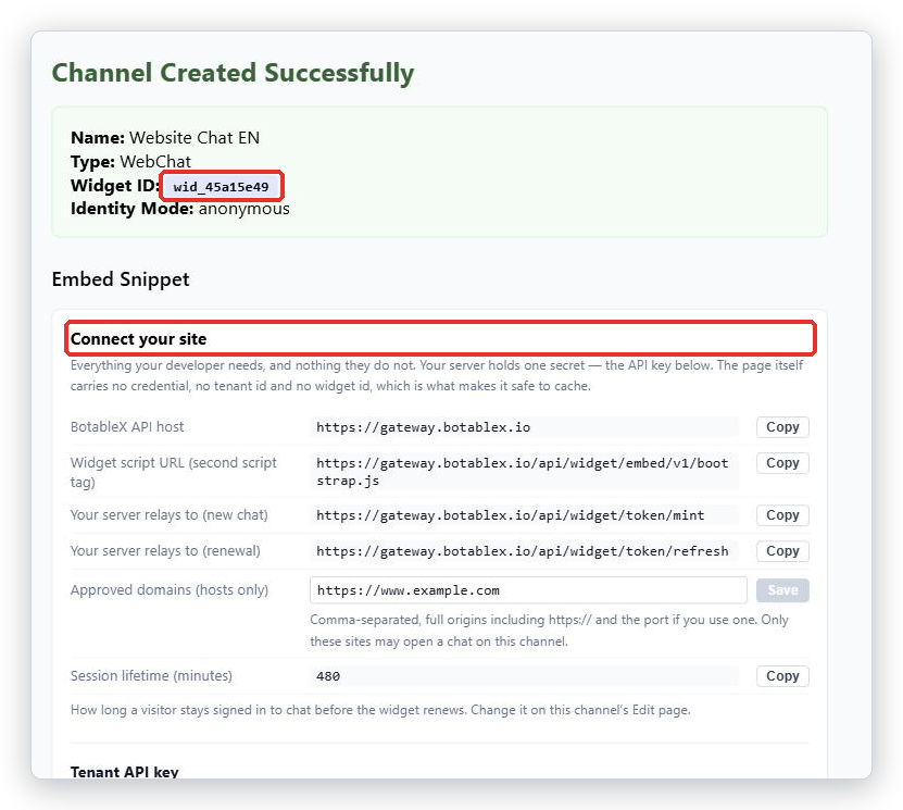 Channel Created Successfully page. The Widget ID and the Connect your site panel are marked