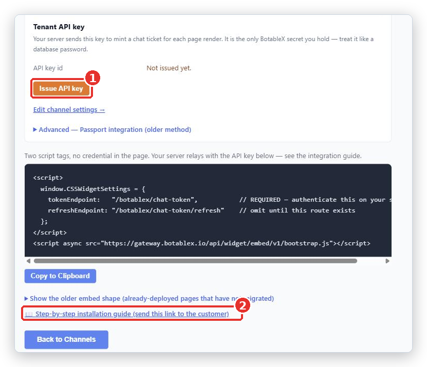 Tenant API key section with the Issue API key button (1) and the Step-by-step installation guide link (2) marked