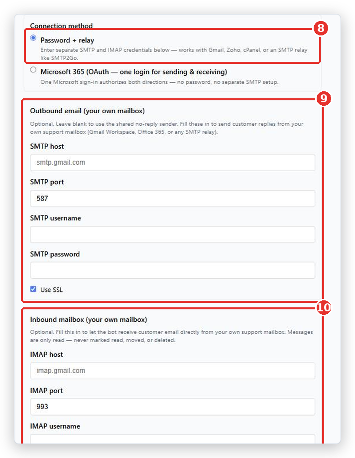 Own-mailbox part of the form: Connection method with Password + relay (8), the Outbound email card (9) and the Inbound mailbox card (10)