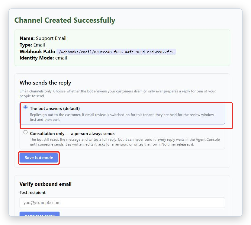 Channel page after creation, showing the Who sends the reply card with the two choices and the Save bot mode button marked