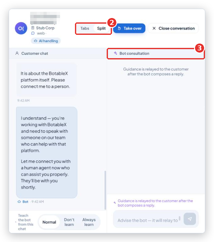 Conversation in Split layout: Customer chat on one side, Bot consultation on the other, with the Tabs/Split switch (2) and the Bot consultation panel (3) marked