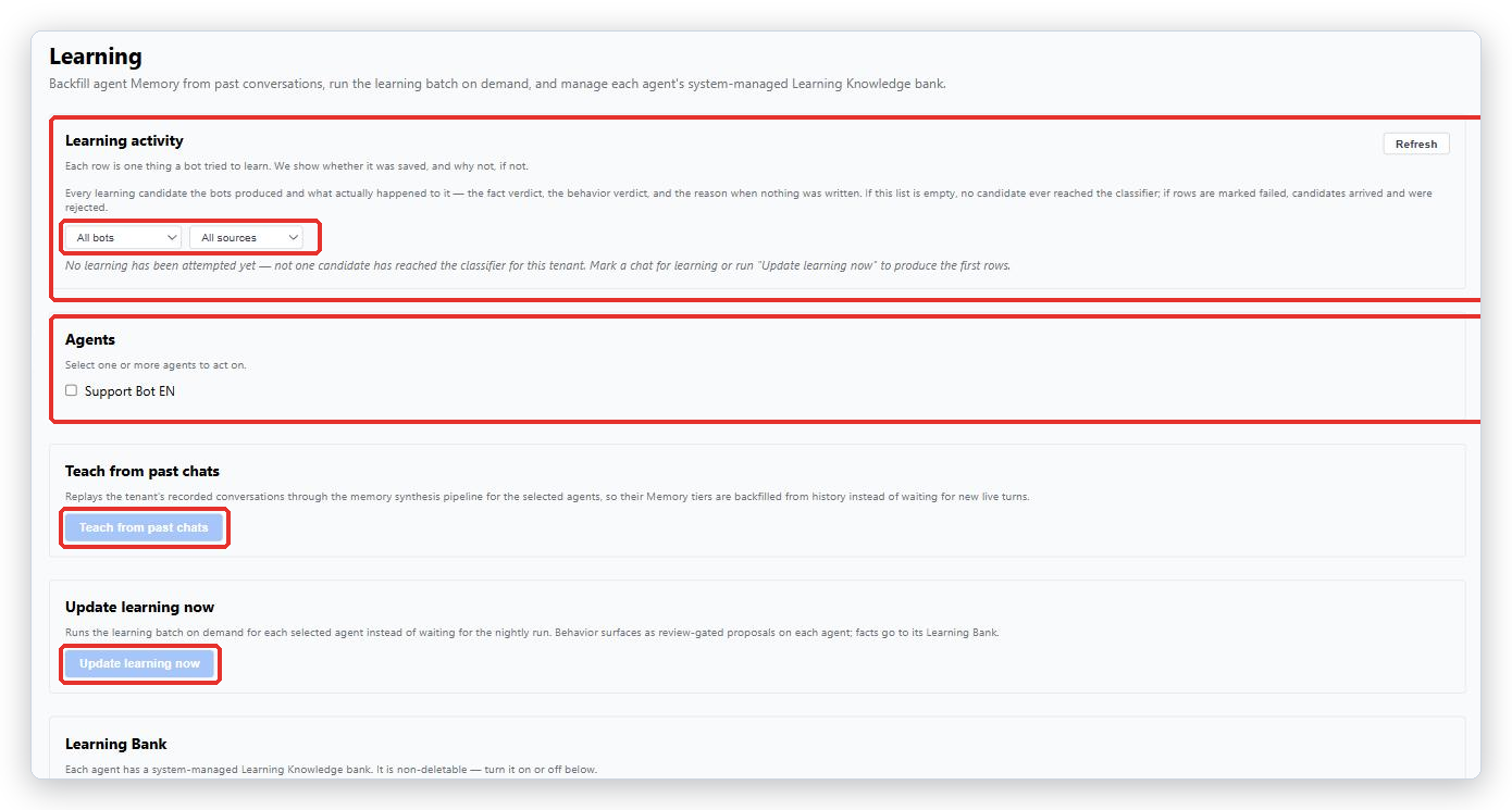 The Learning page: Learning activity at the top with its bot and source filters, then the Agents section, Teach from past chats and Update learning now