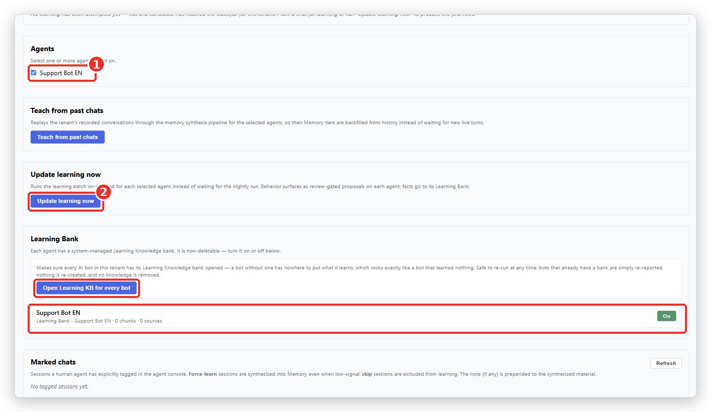 Learning page, lower half: the Agent ticked (1), Update learning now (2), Open Learning KB for every bot, and the Learning Bank row for Support Bot EN with its On switch
