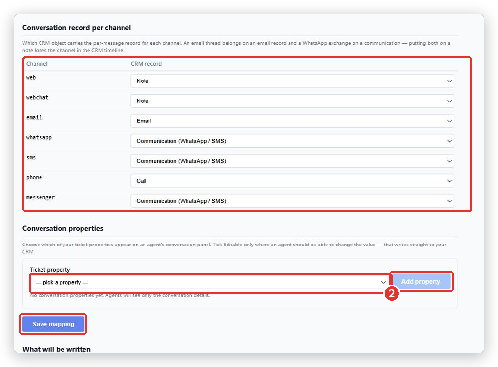 Conversation record per channel table with its defaults, then Conversation properties with the Ticket property picker (2), Add property, and the Save mapping button marked