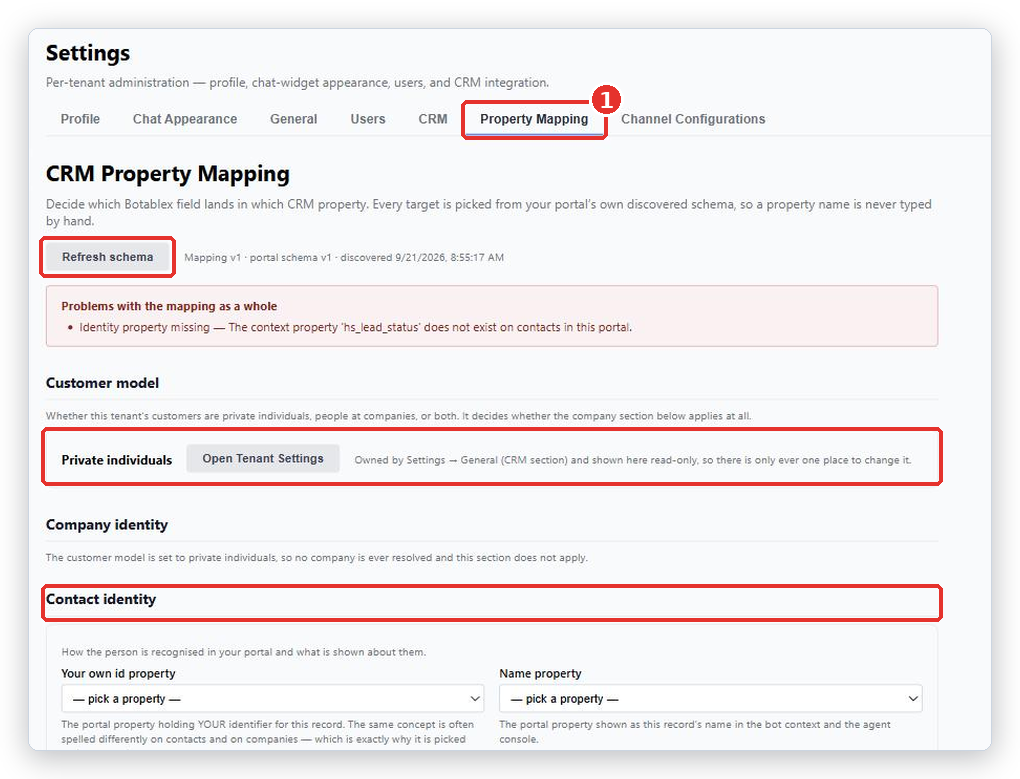 Settings, Property Mapping tab (1). The Refresh schema button, the Customer model card and the Contact identity heading are marked