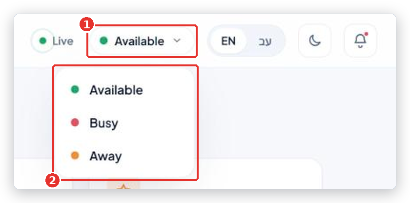 Top bar with the status menu open and the three options Available, Busy and Away (2) marked