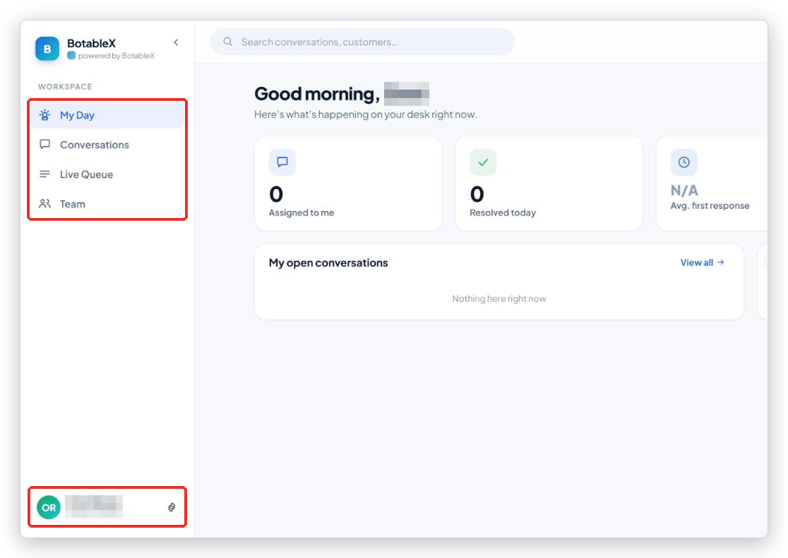 My Day page with the rail on the left; My Day, Conversations, Live Queue, Team and the settings block at the bottom marked