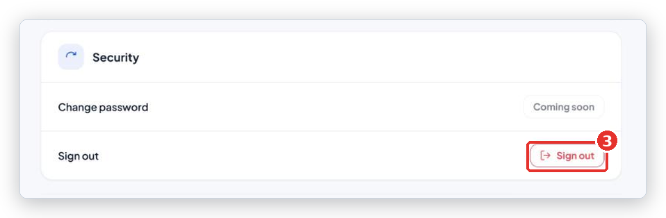 User settings page, Security card, with the Sign out button (3) marked