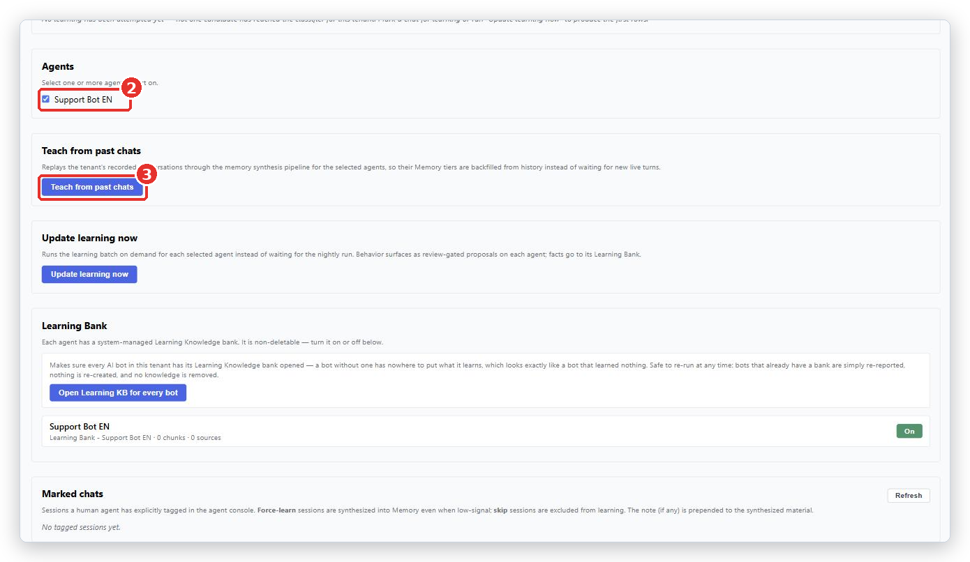 Learning page with the Agent ticked (2) and the Teach from past chats button (3) marked