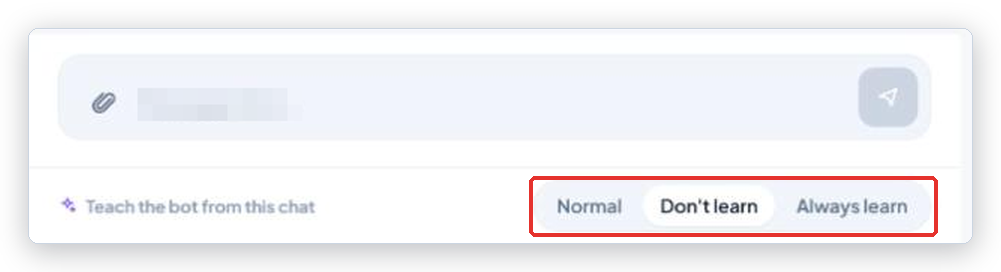 Bottom of an Agent Console conversation: the Teach the bot from this chat bar with Normal, Don't learn and Always learn