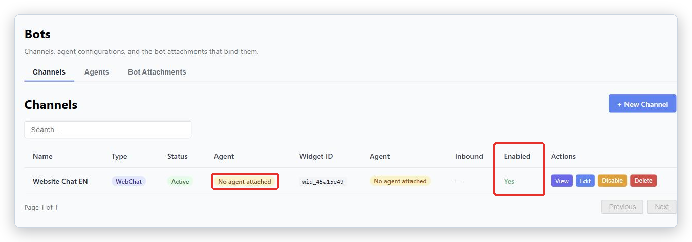 Channels tab with the No agent attached badge and the Enabled column marked on the only row