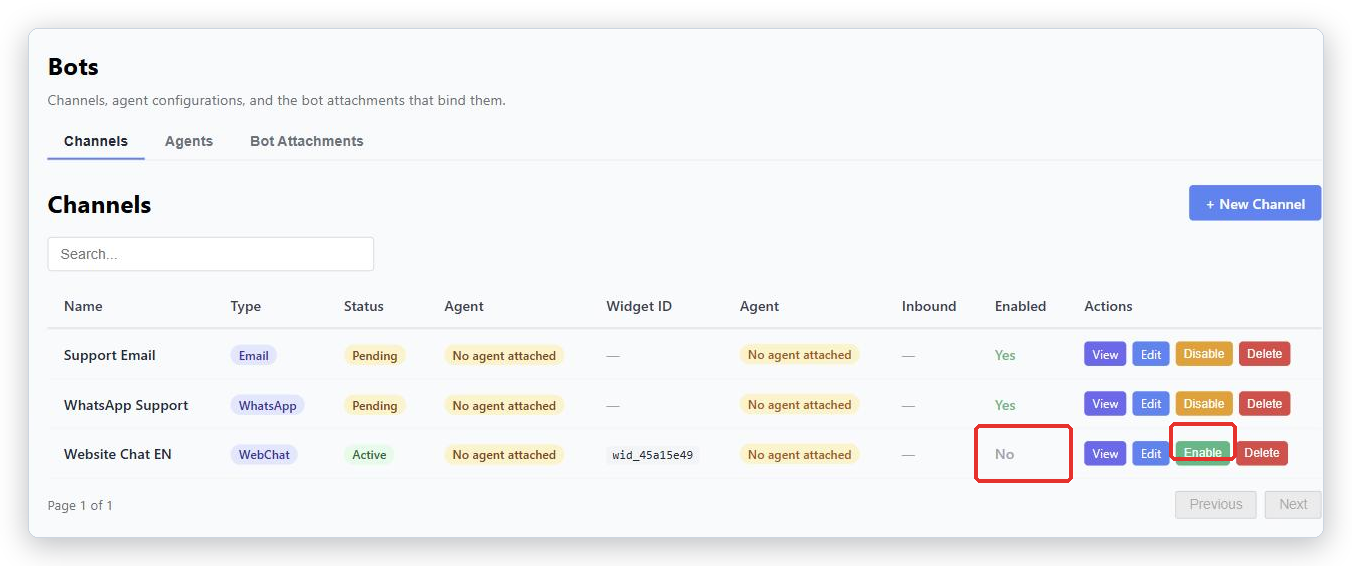 Channels list after disabling: the Website Chat EN row shows Enabled No and an Enable button