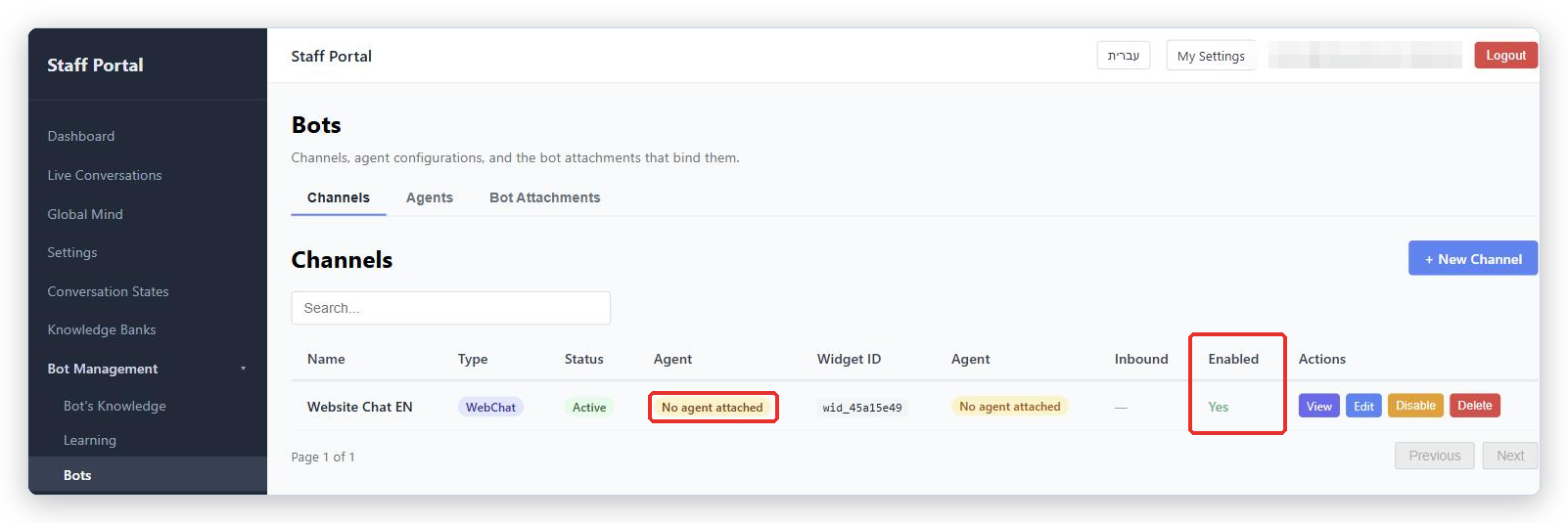 Bots page, Channels tab, with one WebChat Channel. The No agent attached badge and the Enabled column are marked
