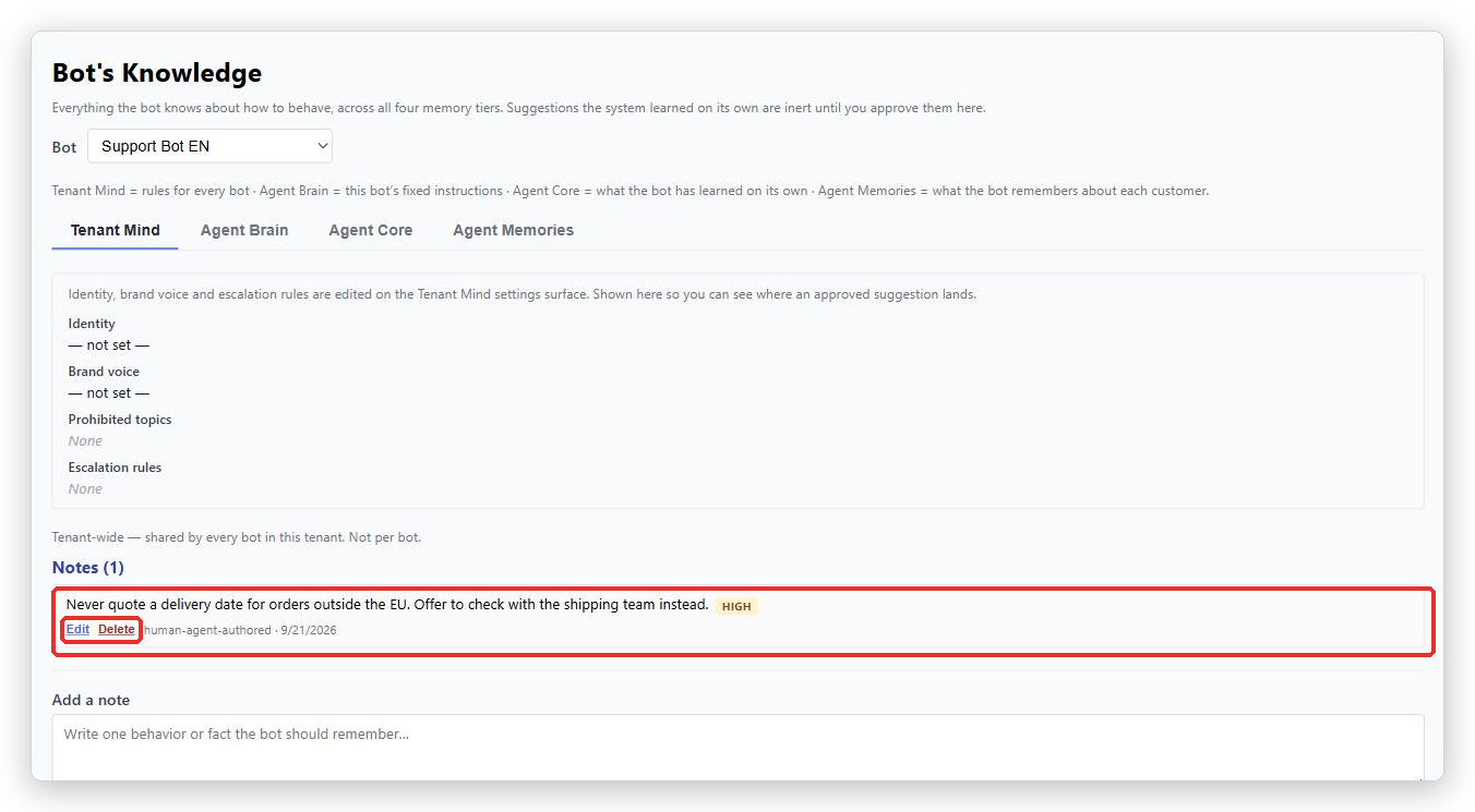 Tenant Mind tab after adding a note: the note row with its HIGH badge, and the Edit and Delete links marked