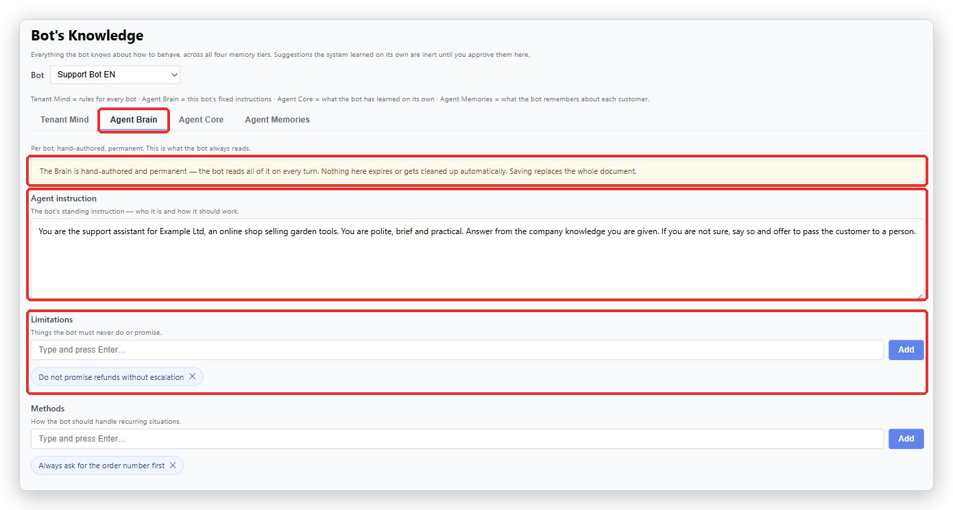 Agent Brain tab: the yellow permanence warning, the Agent instruction box, and the Limitations list with one rule