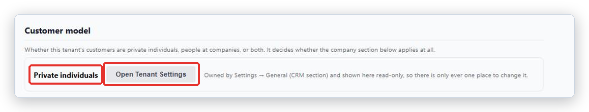 Customer model card on the Property Mapping tab showing Private individuals and the Open Tenant Settings button