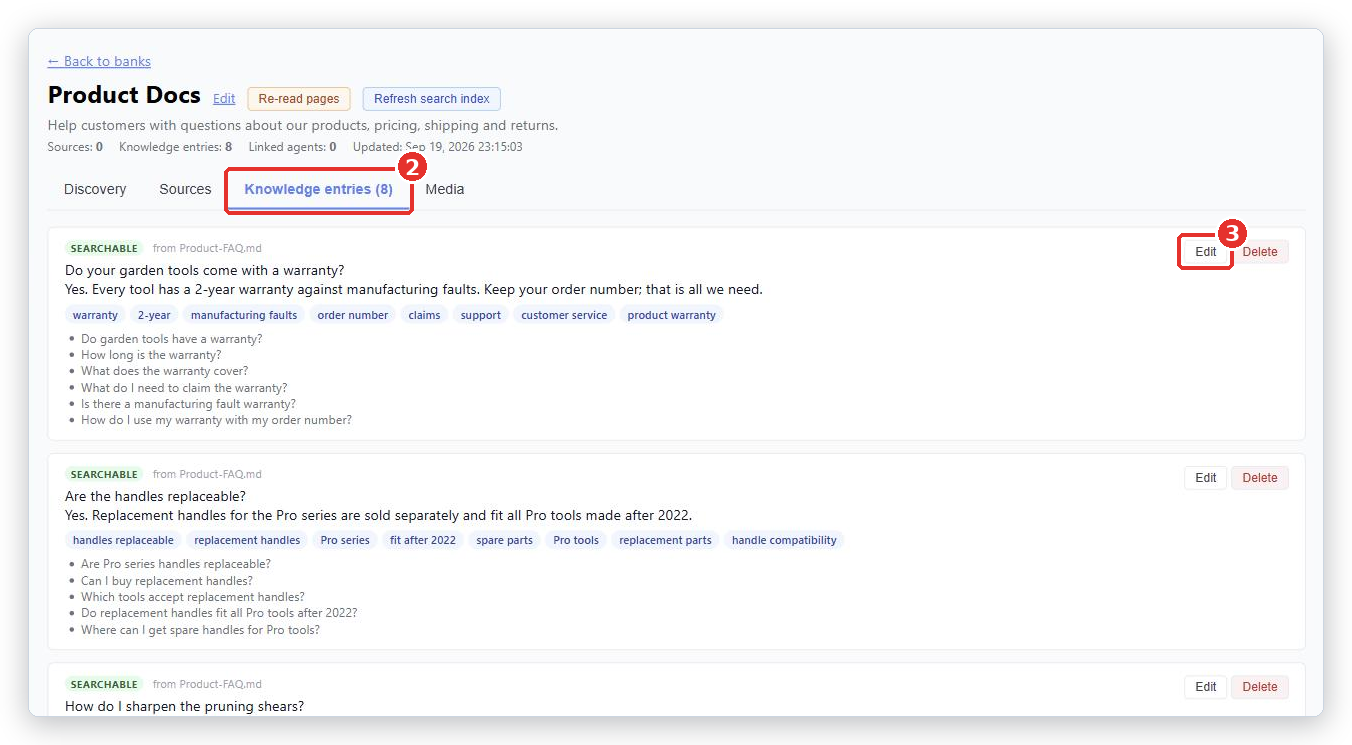 Knowledge entries tab (2) with several entry cards; the Edit button on the first card (3) is marked
