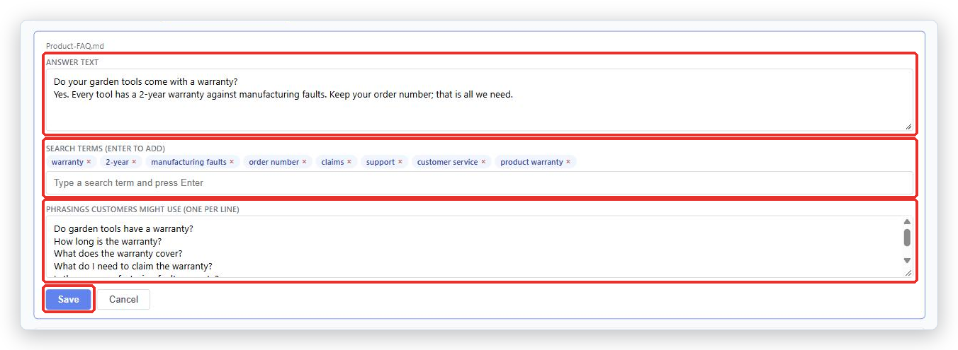 An entry in edit mode, showing Answer text, Search terms (Enter to add), Phrasings customers might use (one per line) and the Save button