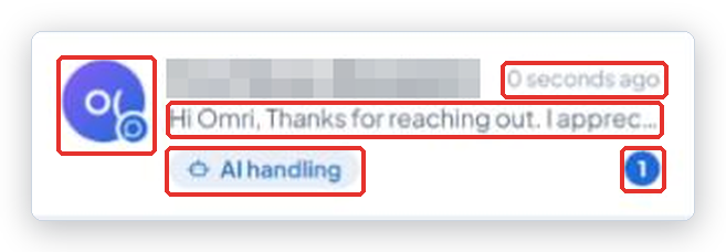One inbox row with the name, channel dot, time, preview, state badge and unread bubble marked
